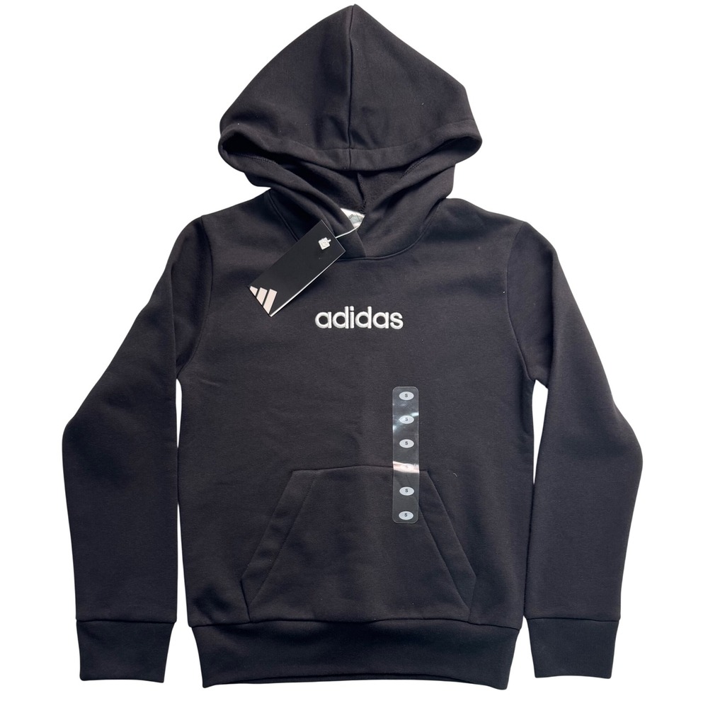 Adidas Boys Pullover Hoodie Black White Logo Fleece Sweatshirt Size small 8